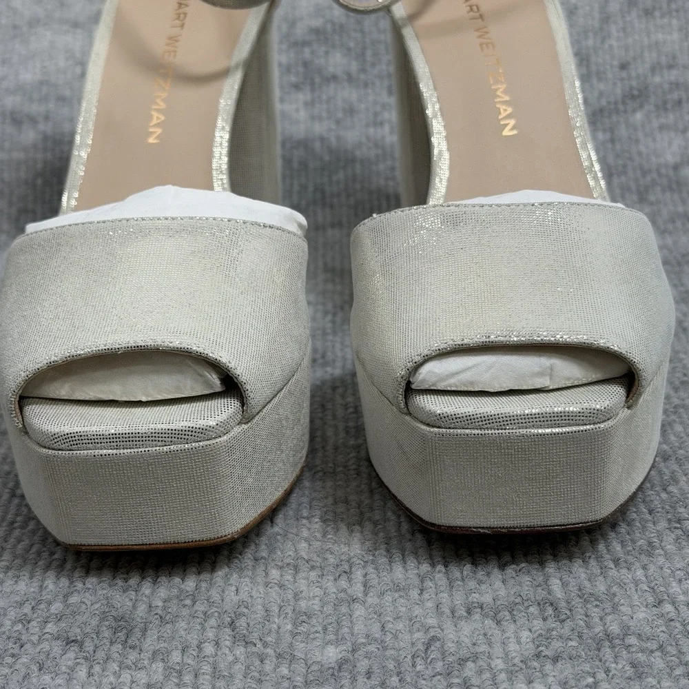 Stuart Weitzman Size-8.5B Sabrina Platform Linen Leather Shimmer Beige $575